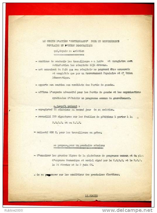 TRACT POLYCOPIE 2 JUIN 1968 COMITE ACTION CONTRESCARPE POUR UN GOUVERNEMENT POPULAIRE ET D UNION DEMOCRATIQUE PARIS - Documents Historiques