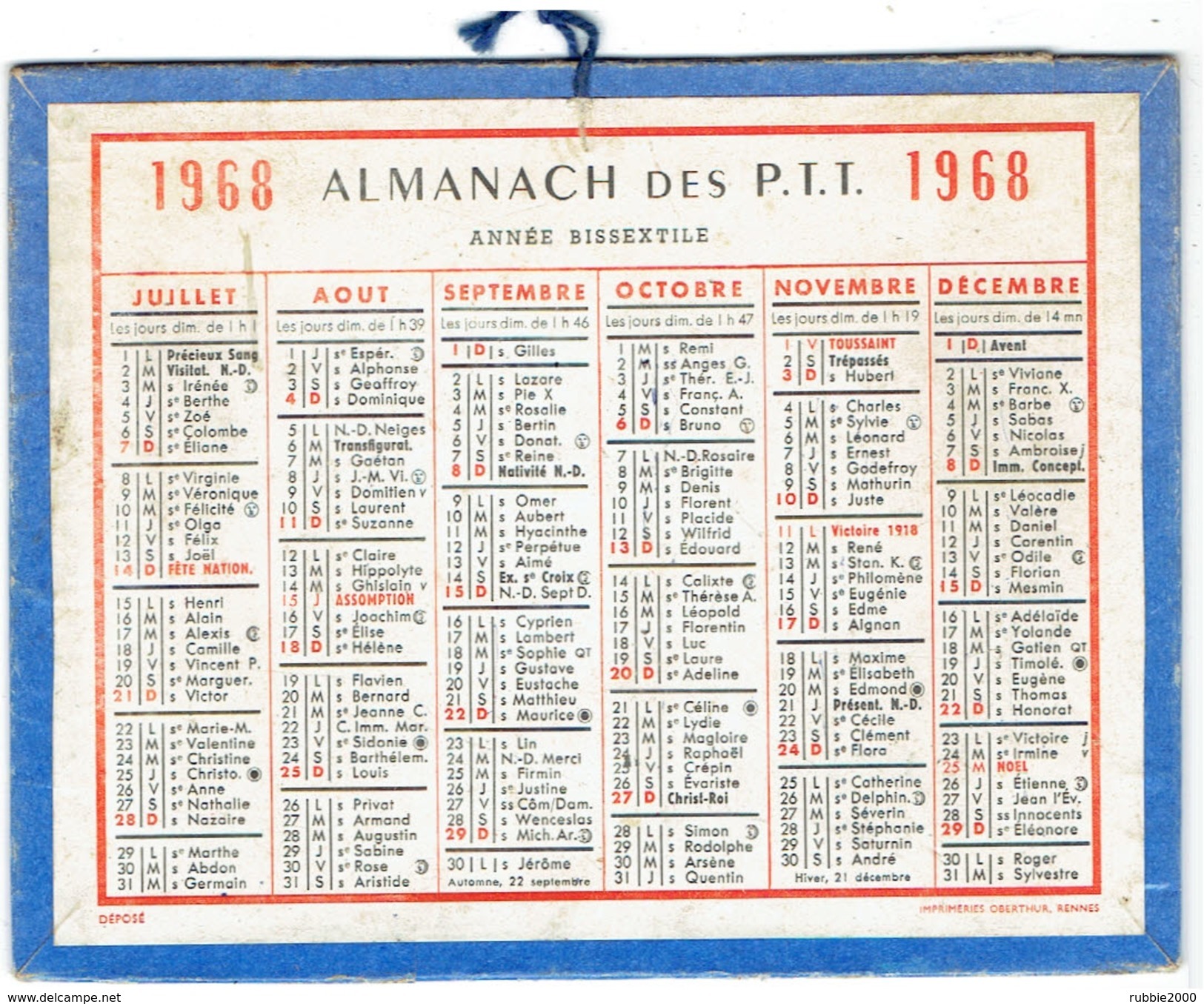 CALENDRIER CARTONNE 1968 IMPRIMEUR OBERTHUR - Petit Format : 1961-70