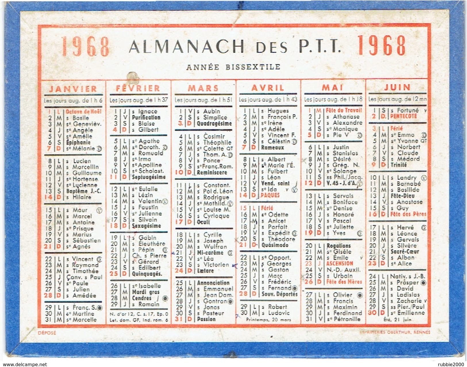 CALENDRIER CARTONNE 1968 IMPRIMEUR OBERTHUR - Petit Format : 1961-70