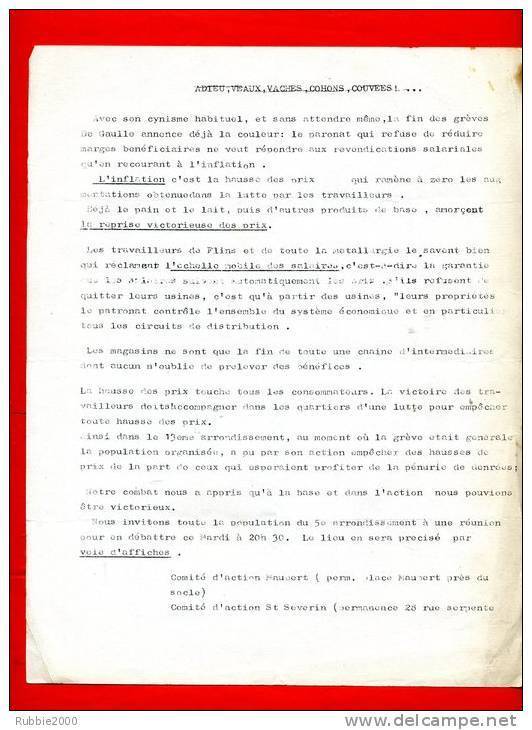 TRACT POLYCOPIE MAI 1968 APPEL A LA POPULATION DU 5e ARRONDISSEMENT DE PARIS COMITE D ACTION MAUBERT SAINT SEVERIN - Documents Historiques