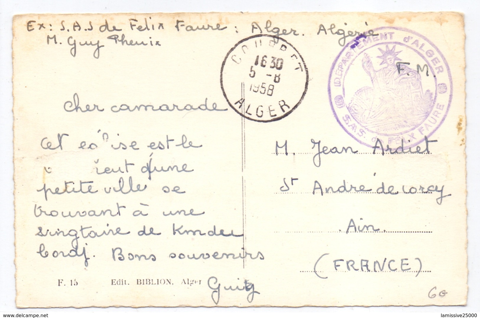 Carte D Algerie En Franchise Departement D Alger Sas Felix Faure Courbet - War Of Algeria