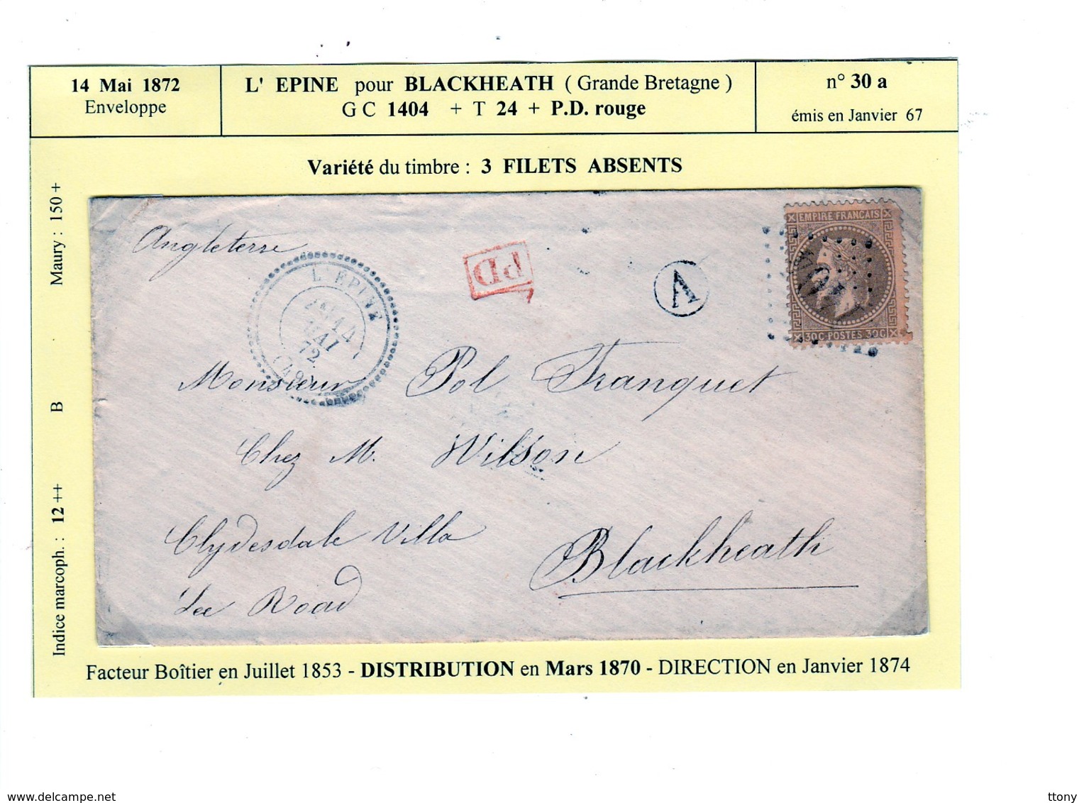 Un Timbre N° 30   Brun  A  GC 1404  + T 24 +P.D. Rouge émis En 1867  Enveloppe 1872  Destination Grande-Bretagne - 1863-1870 Napoléon III Lauré