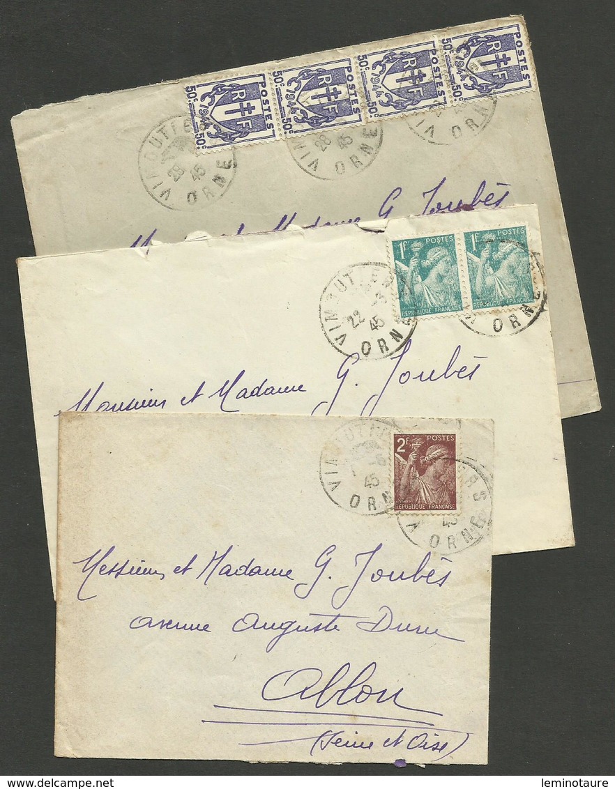 1945 / Tarif 2F / Lot 3 Lettres De VIMOUTIERS - ORNE / Affr. Iris & Chaine - 1921-1960: Période Moderne