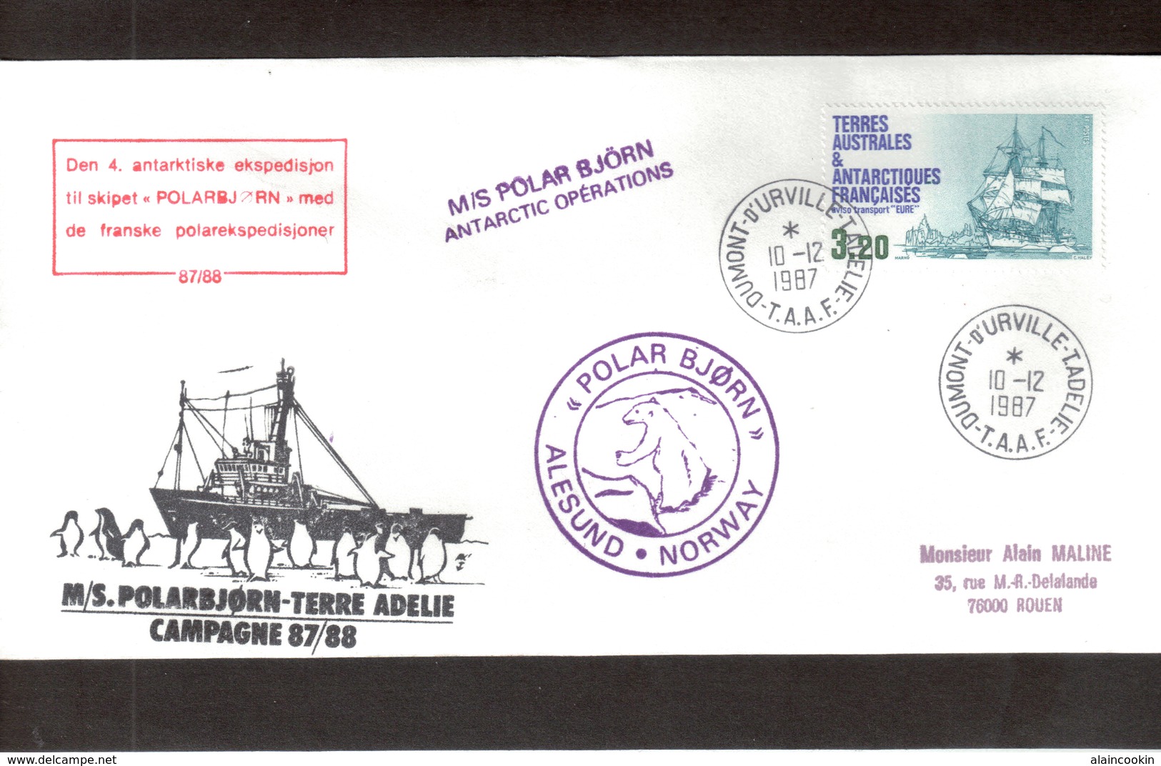 Vio - TAAF PO129 Du 10.12.1987 Terre Adélie - M/S POLARBJORN  Antarctic Opérations - Lettres & Documents