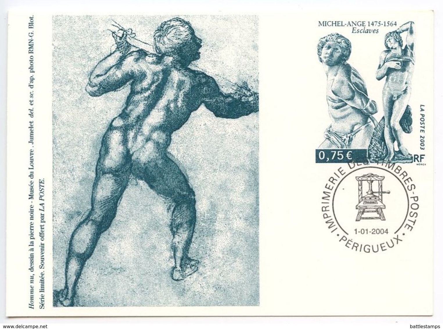 France 2004 Philatelic Souvenir Card, Michelangelo Slave Sculptures - Other & Unclassified