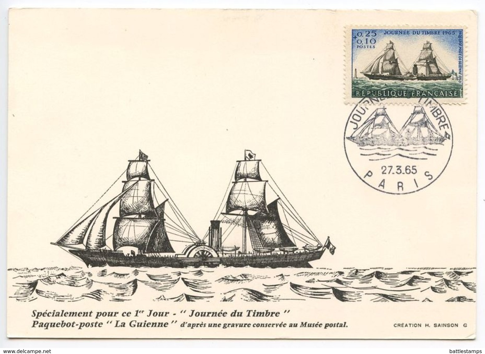 France 1965 Scott B391 FDC Postcard Stamp Day, Packet Ship La Guienne - 1960-1969