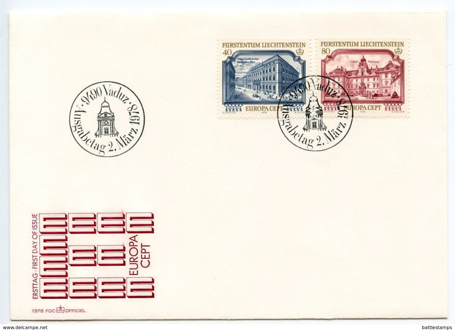 Liechtenstein 1978 Scott 636-637 FDC Europa, Vienna Palace & Feldsberg Castle - FDC