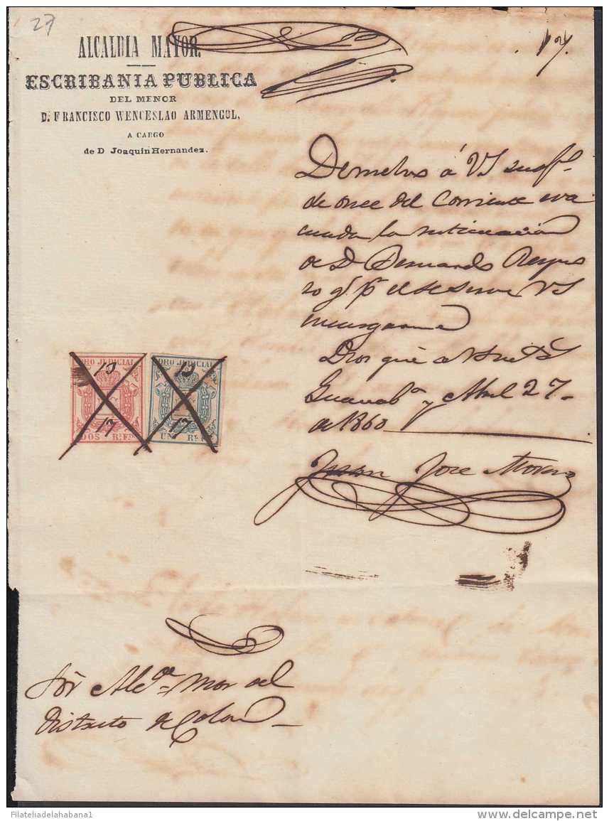 DER-88 CUBA SPAIN ESPAÑA (LG-1323) 1860 1r + 2R ROSE. DERECHO JUDICIAL REVENUE. ORIGINAL DOC. - Portomarken