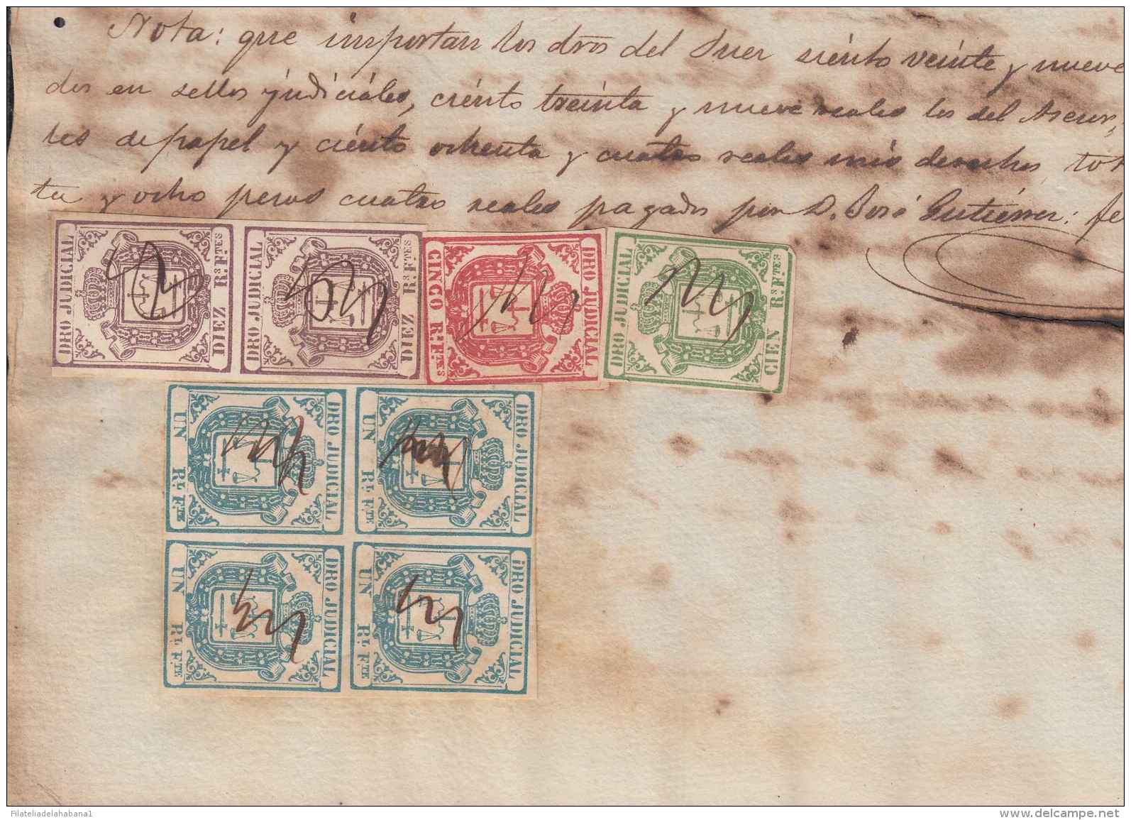 DER-89 CUBA SPAIN ESPAÑA (LG-1324) 1860 1,5,10,100R GREEN. DERECHO JUDICIAL REVENUE ORIGINAL DOC. - Strafport