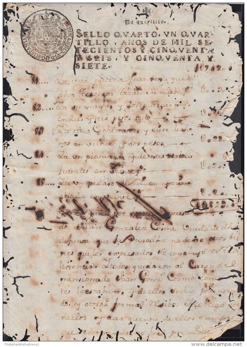 1756-PS-11 CUBA SPAIN PUERTO RICO REVENUE PAPER 1756-57. SELLO CUARTO. - Postage Due