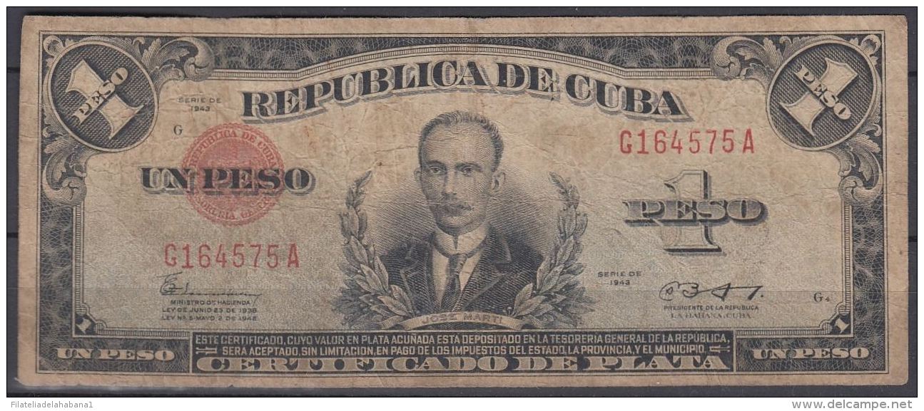 1943-BK-41 CUBA REPUBLICA. 1$ 1943 CERTIFICADO DE PLATA. SILVER CERTIFICATE. - Cuba