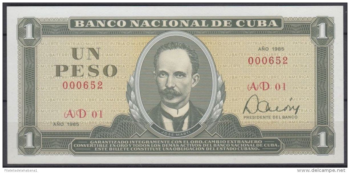 1985-BK-187 CUBA REPUBLICA. 1$ 1985 JOSE MARTI UNC. N&ordm;. 000652. - Cuba