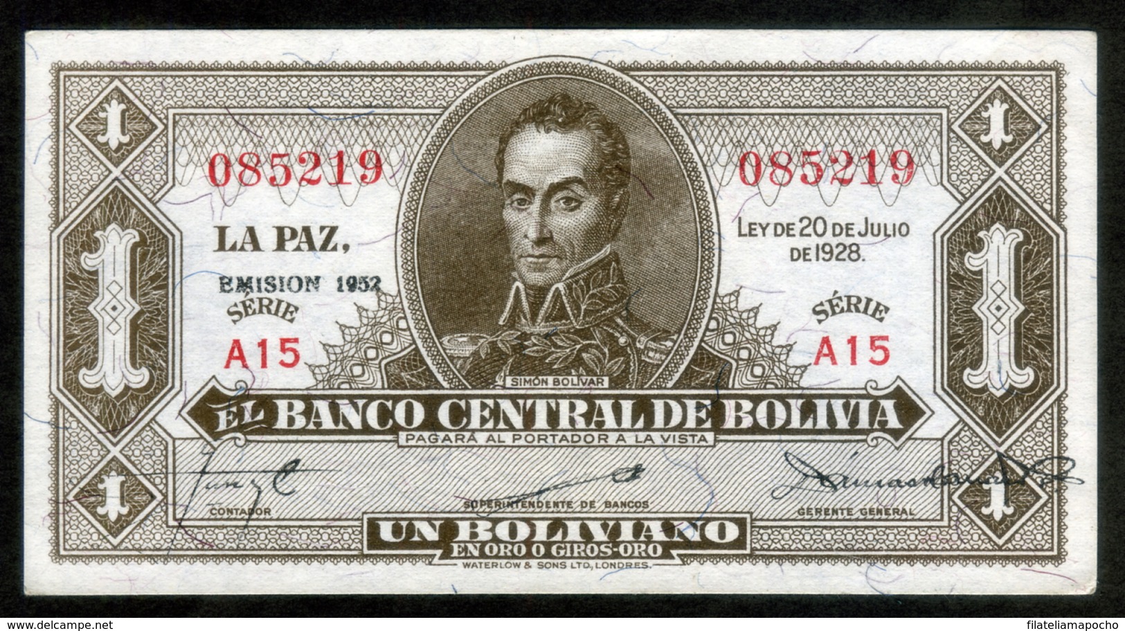 BOLIVIA BILLETES; 1928 - 1 BOLIVIANO “EMISIÓN 1952”. - Bolivie