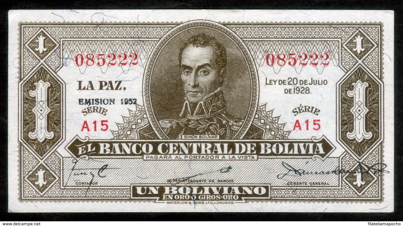 BOLIVIA BILLETES; 1928 - 1 BOLIVIANO “EMISIÓN 1952”. - Bolivien