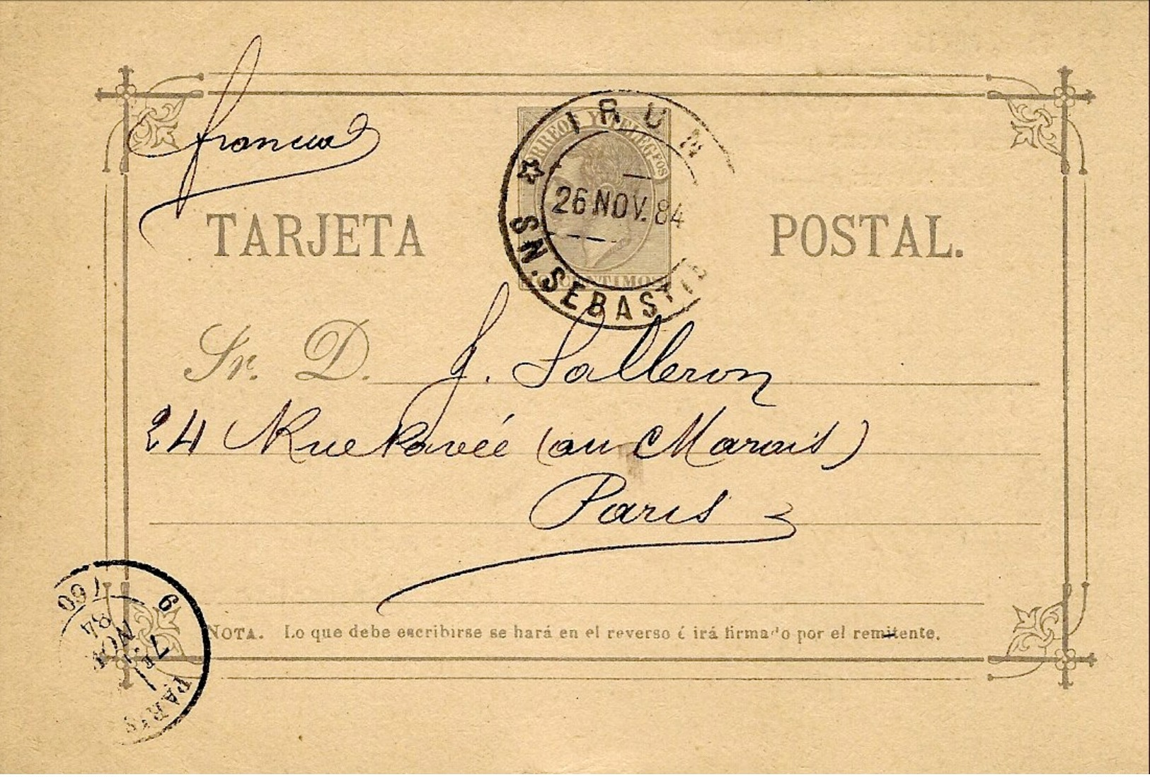 1884- Tarjeta Postal 10 Cent.   Annulé D'IRUN   Au Dos ,repiquage - Lettres & Documents