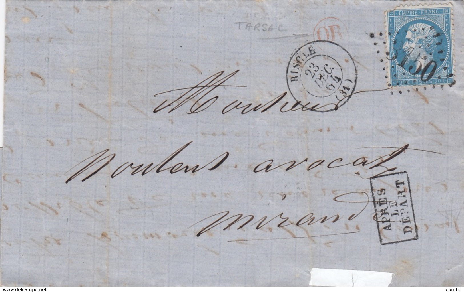 LETTRE. 23 DEC 64. GERSRISCLE. GC 3150. ORIGINE RURALE OR EN ROUGE =  TARSAC / 2 - 1849-1876: Periodo Clásico