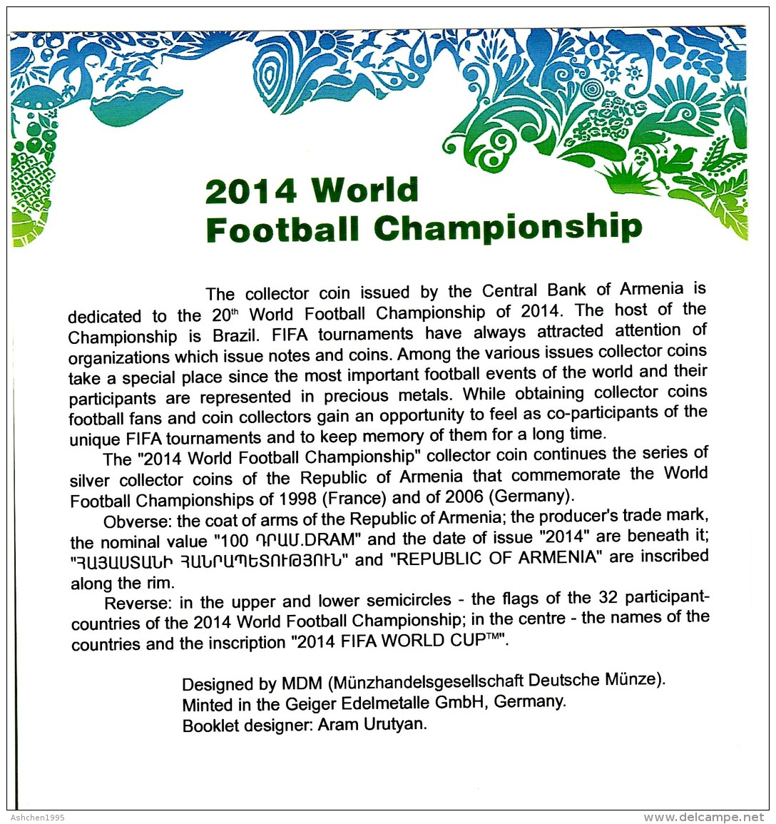 Armenien 2014, FIFA, World Football Championship, WORLD CUP Brasil, Silver coin - PROOF