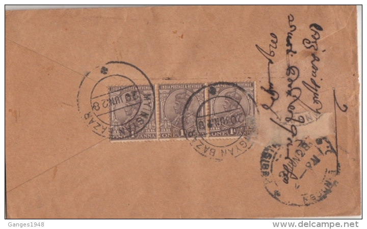 India Used In Burma 1928  KGV  3A  Rate Cover MYINGIAN Bazar Regd To Rangoon  2  Scans   # 13471  D Inde Indien - Myanmar (Burma 1948-...)