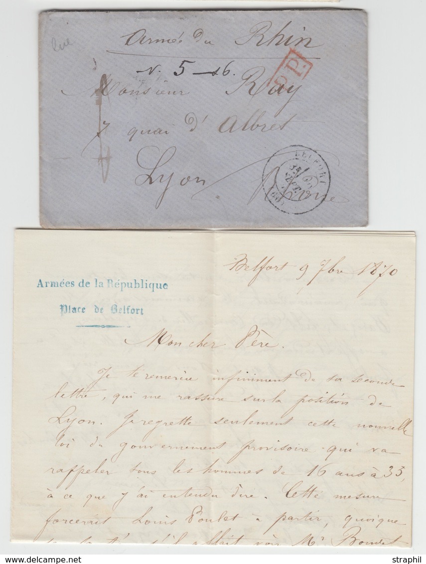 L En Franchise De L'Armée Du Rhin - Cachet 17 BELFORT - 9/9/1871 - PP Rge Pr Lyon - Texte Armée De La République - Place - 1801-1848: Voorlopers XIX