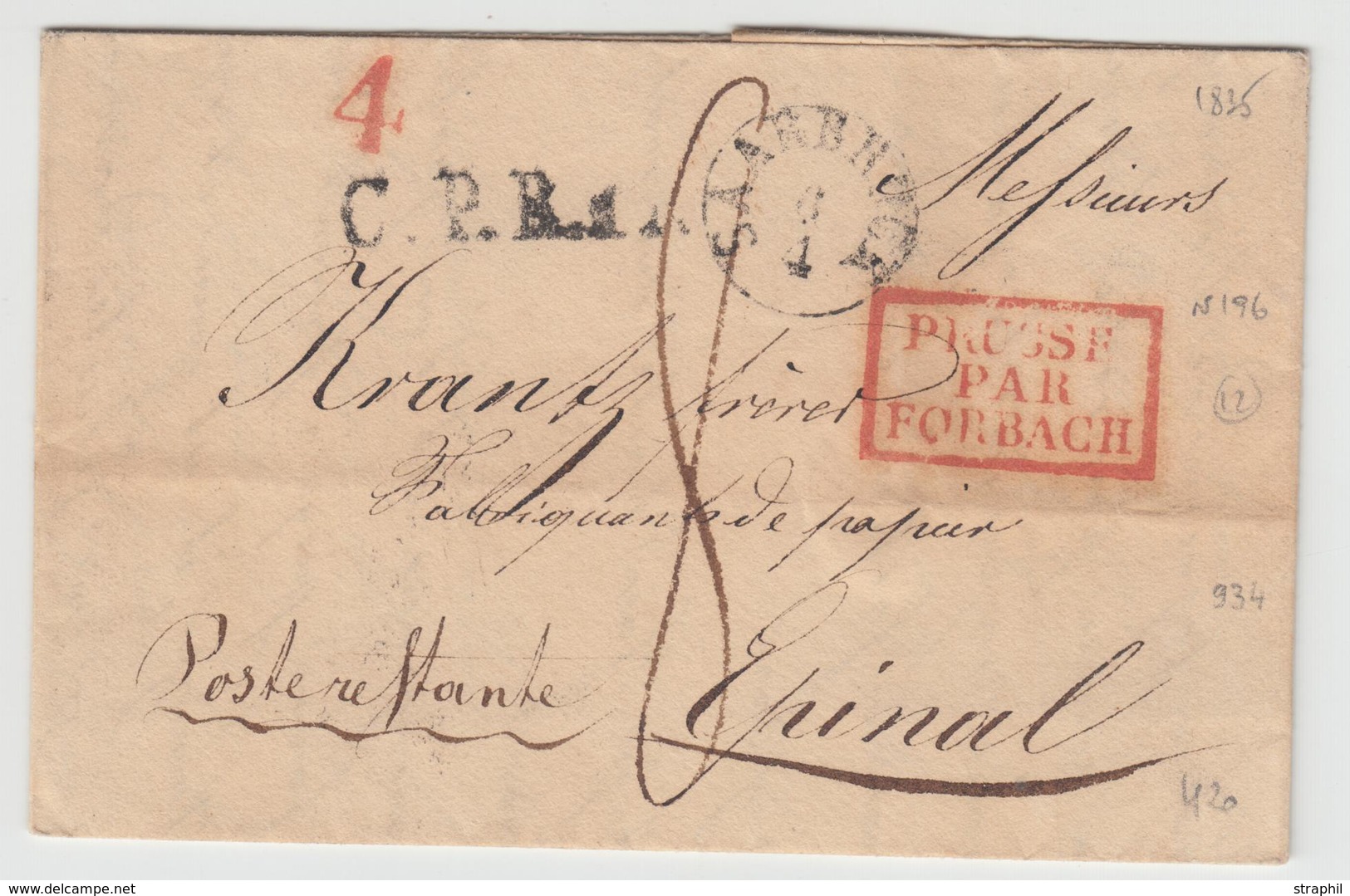 LAC N°196 - Prusse Par Forbach Rge  + Saarbruck 6/4 (1835) + Taxes - Pr Epinal - TB - 1801-1848: Precursors XIX