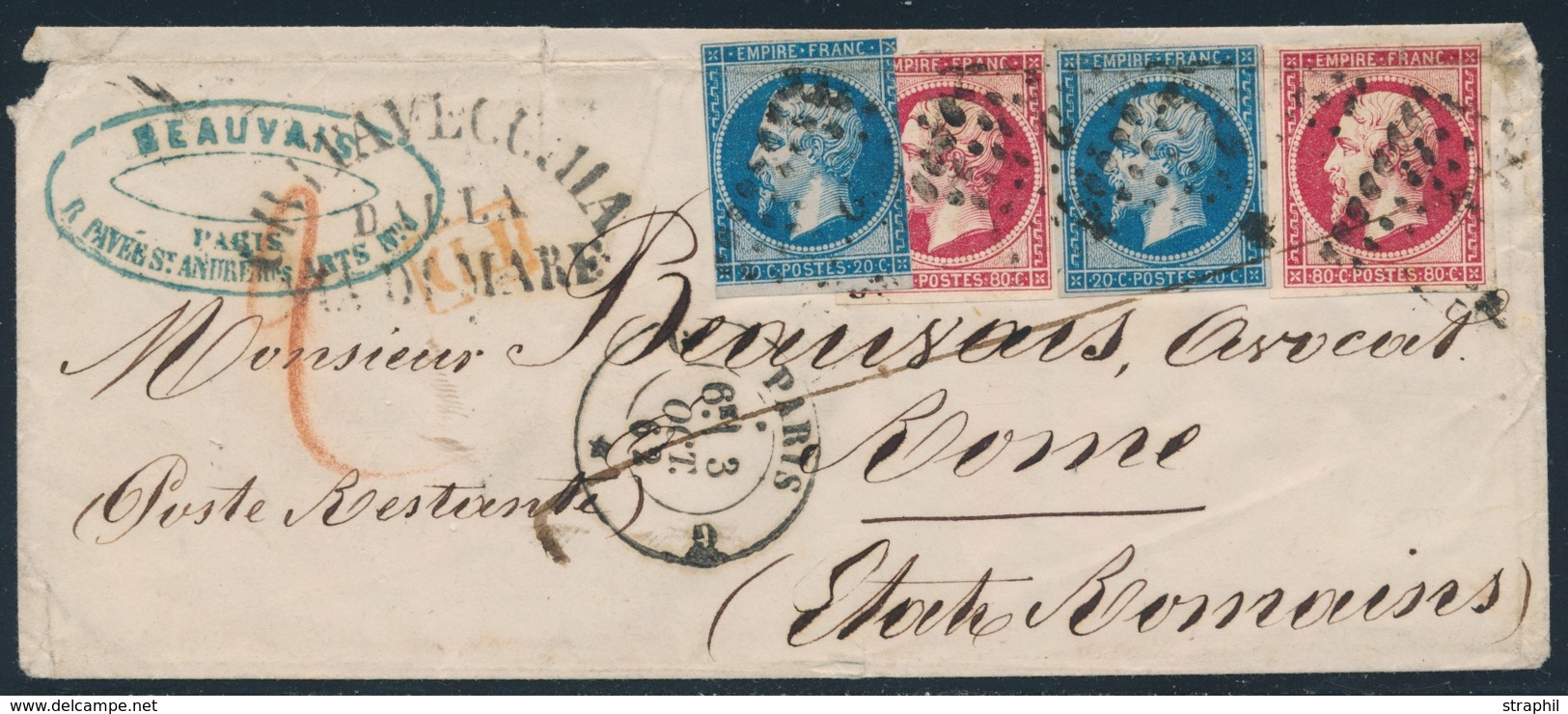 L N°14A (x2) - 17B (x2) Rose Vif - Obl Bur - "G" = PARIS - Oct 62 Pr ROME (Italie) - B/TB - 1849-1876: Classic Period