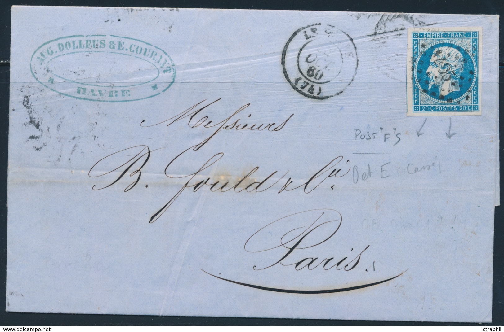 LAC N°14Ak - POST"F"S - Obl. PC 1495 - T15 LE HAVRE - Oct 1860 - Pr PARIS - TB - 1849-1876: Période Classique