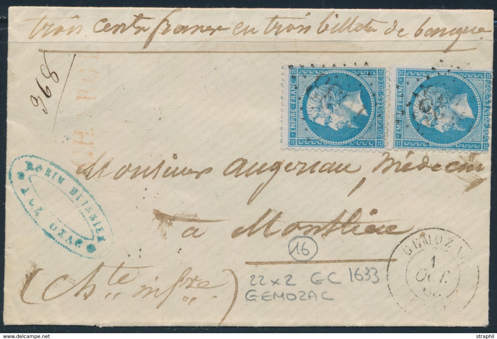 L N°22 X 2 - S/L "CHARGE" Avec Valeurs - Obl GC 1633 - Càd Gemozac 1866 - Pr Monthieu - TB - 1849-1876: Classic Period