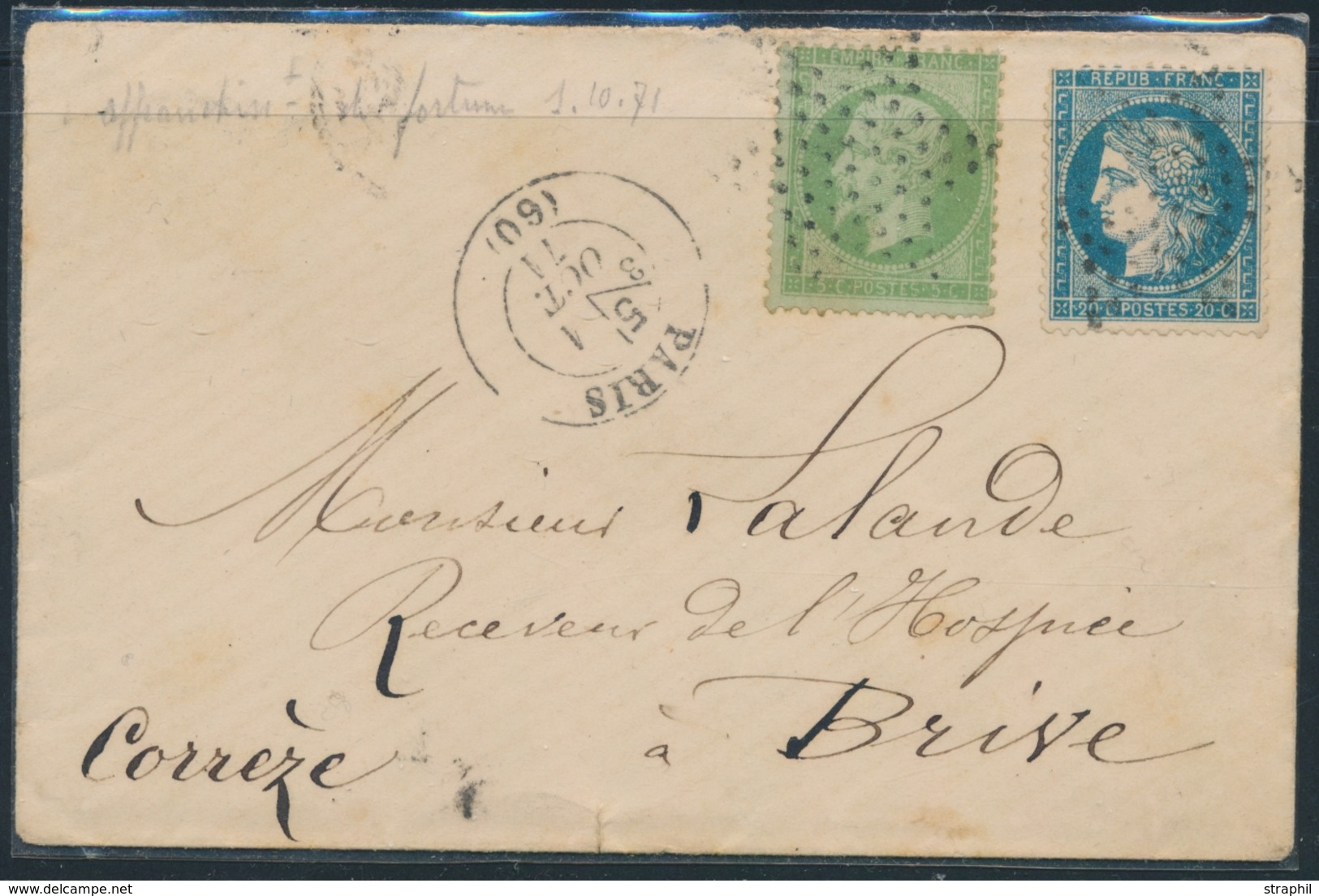 L AFFRANCHISSEMENT SEPTEMBRE 1871 N°20, 37 - Obl. Étoile Muette + Paris Levée 5 - 1/10/1871 - Pr Brive - B/TB - 1849-1876: Klassik