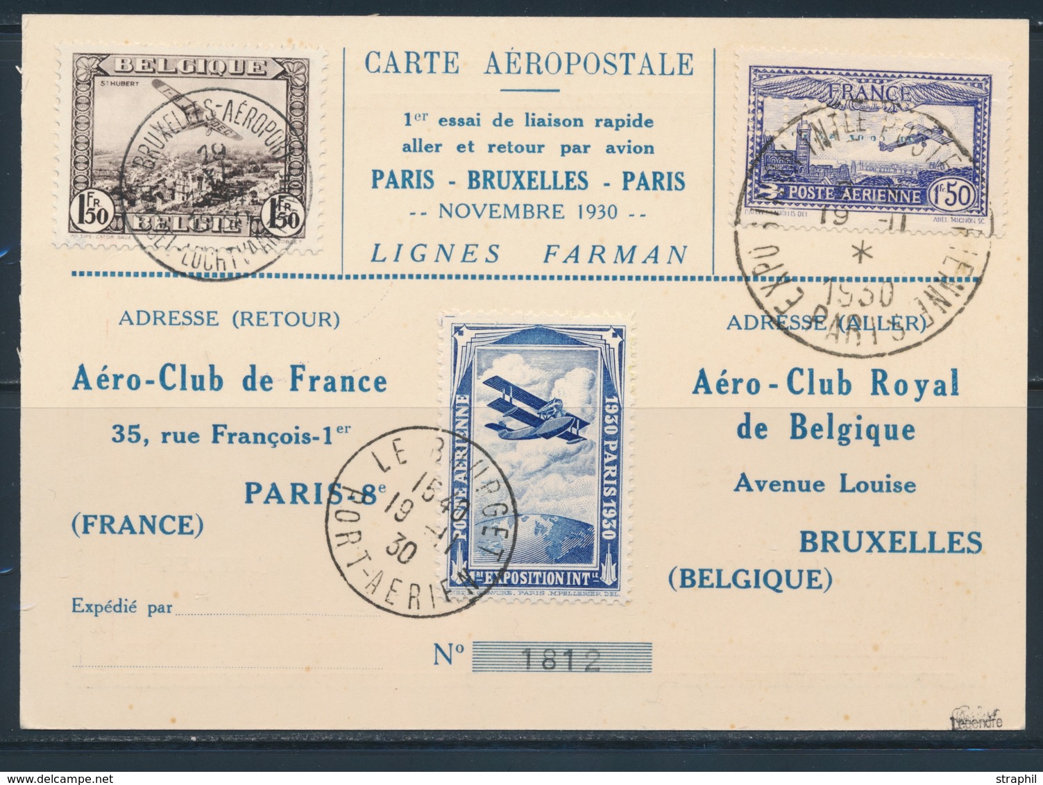 CP N°6c - Obl. Grd Cachet Expo PARIS 19/11/1930 - S/carte Aéropostale + T. Belge - Obl. Bruxelles - TB - 1927-1959 Mint/hinged