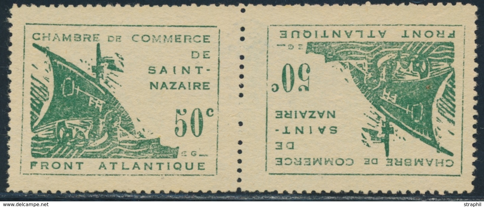 (*) SAINT NAZAIRE N°8a - Tête Bêche Du 50c Vert - Signé A; Brun/Barthelemy - TB - Guerre (timbres De)