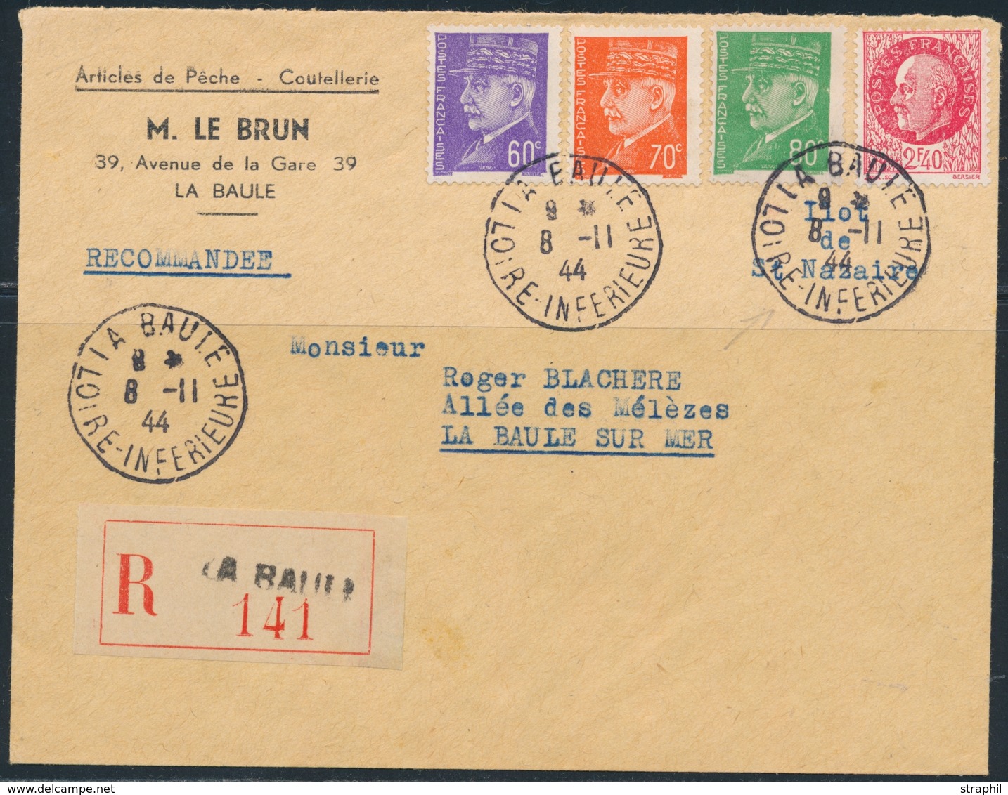 L POCHE DE SAINT NAZAIRE Pli Rec. De La Baule - 8/11/44 - Afft 4 Pétain (4F50) - Pour La Baule - TB - Guerre (timbres De)