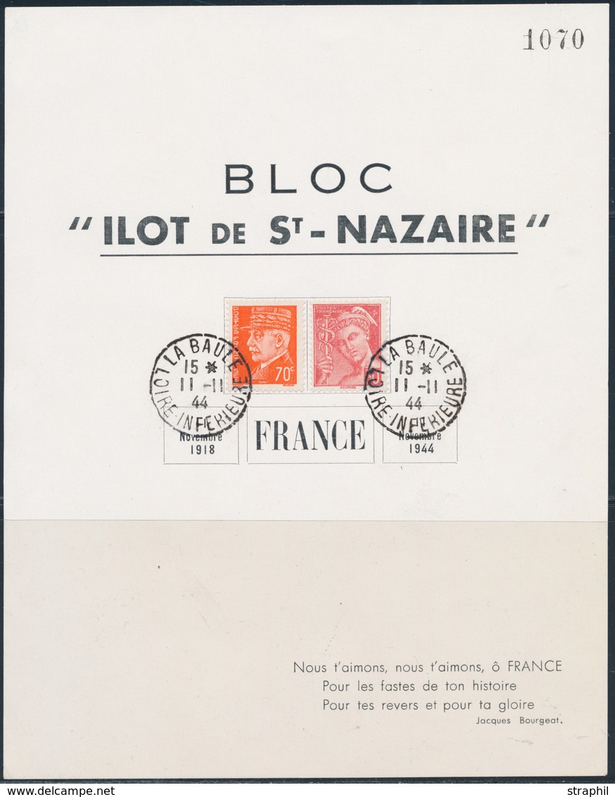 O POCHE DE SAINT NAZAIRE N°412, 511 (Afft 1F) - Obl. La Baule - 11/11/44 - S/encart "Bloc Ilôt De ST NAZAIRE" - Nov 1918 - Kriegsmarken