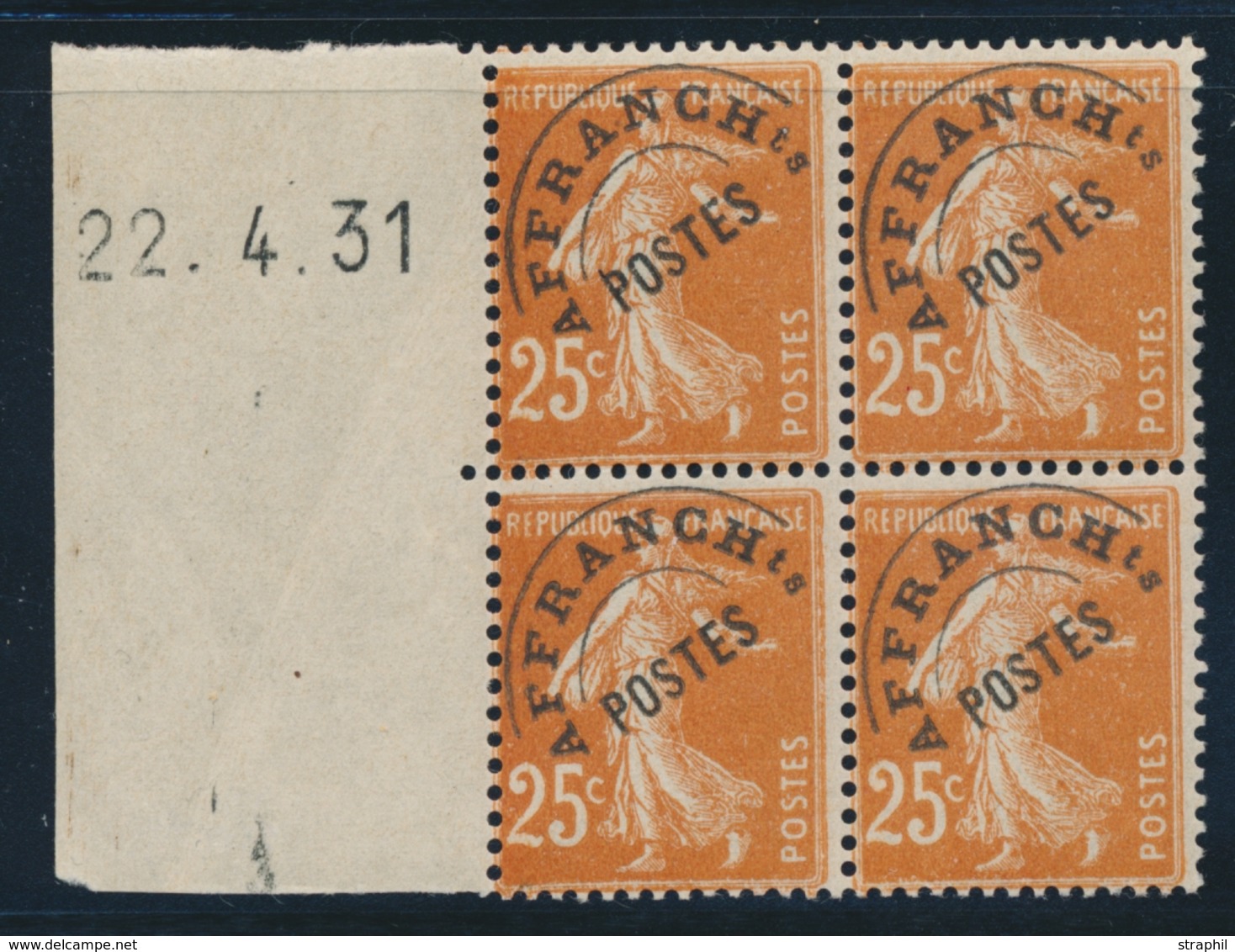 ** N°47 - 25c Brun Jaune - Bloc De 4 - BDF Daté 22/4/31 - Signé Calves - TB - Coil Stamps