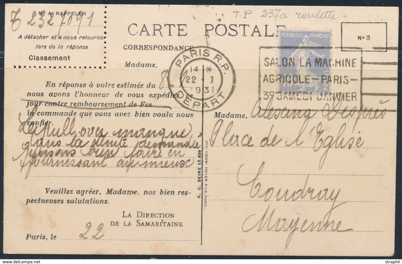 CP N°237a (40c Bleu Semeuse) - Obl. Flamme Illustrée "Salon La Machine Agricole - PARIS" - 22/1/31 - S/CP De La Samarita - Coil Stamps