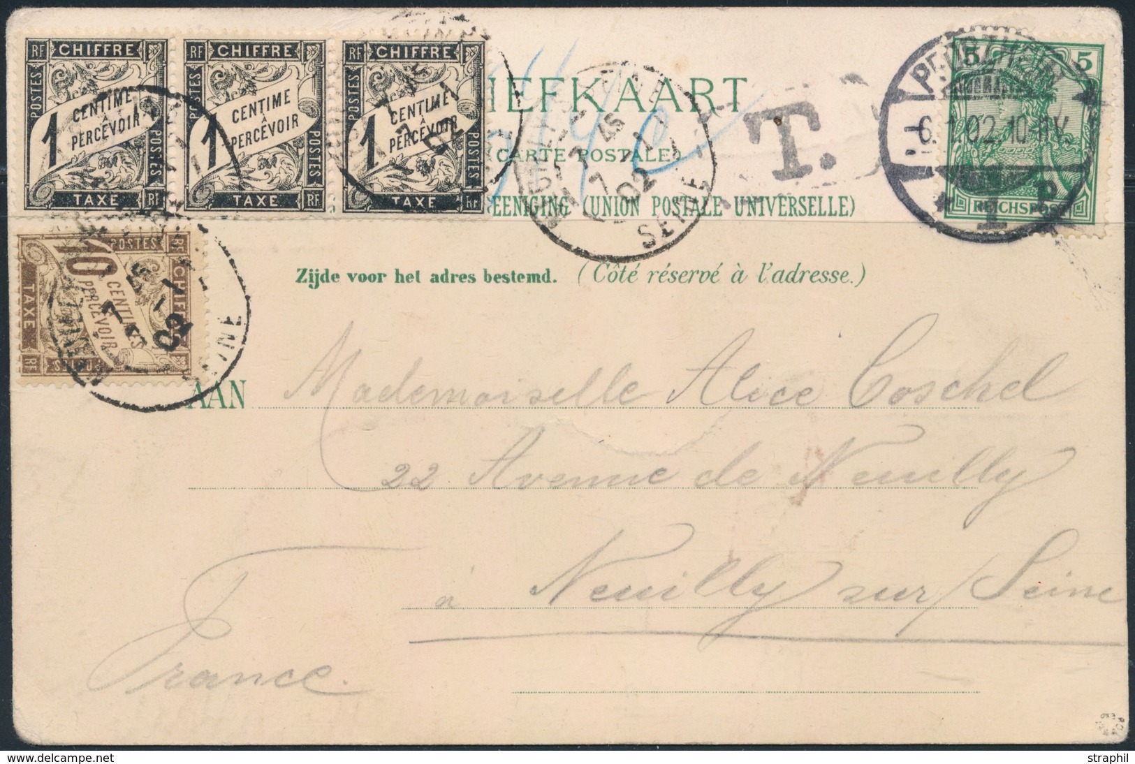 CP N°10 - Bde De 3 + N°15 - Obl. Neuilly S/Seine - 7/1/1902 - S/CP De Pforzheim - Taxe "T" - Signé Roumet - TB - 1859-1959.. Ungebraucht