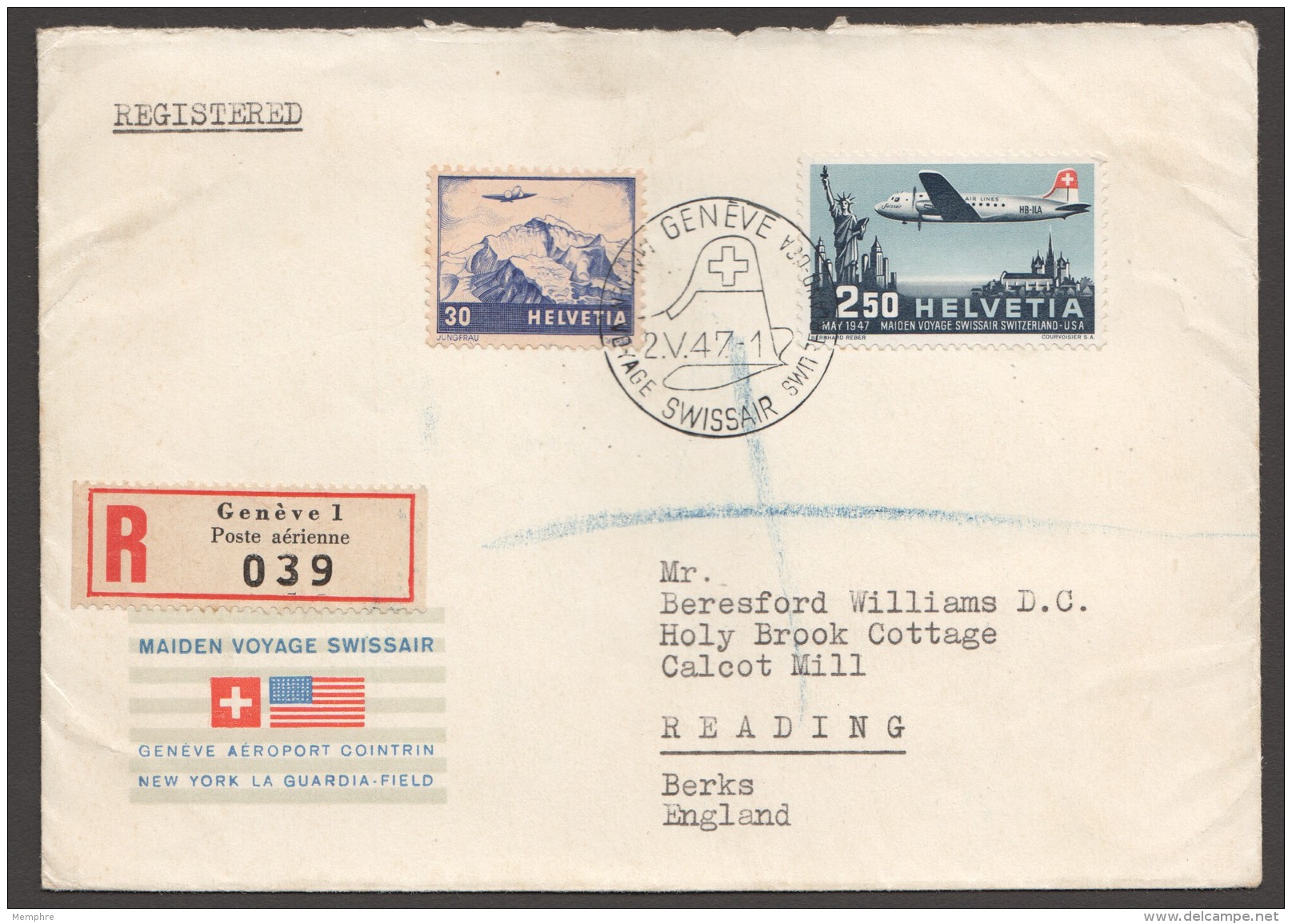 1947  Vol Spécial Genève - New York  Lettre Recommandée Pour L'Angletere Via Washington D.C.  Zum 27, 42  MiNr  387, 479 - Other & Unclassified