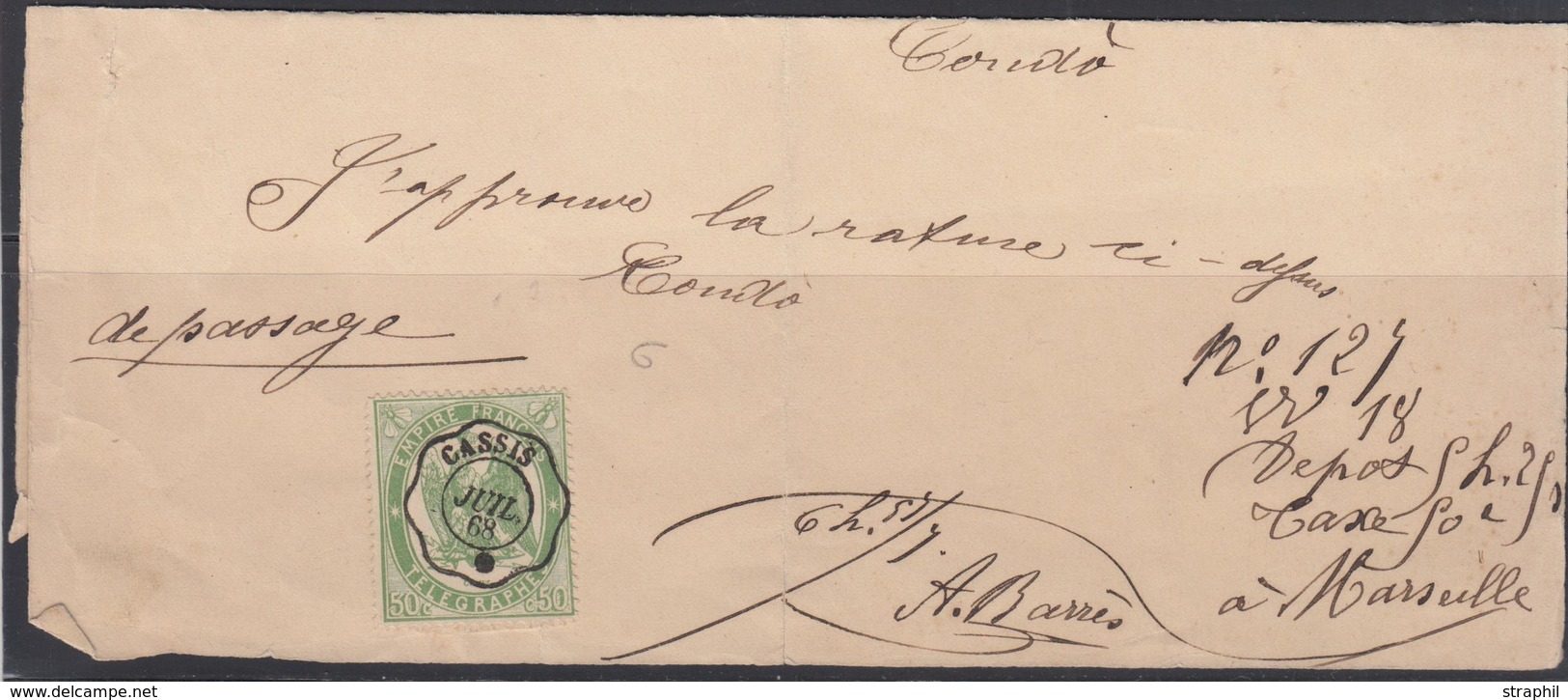 LAC TELEGRAPHE N°6 - 50c Vert - Obl. CASSIS - Juillet 1868 - TB - Telegraph And Telephone