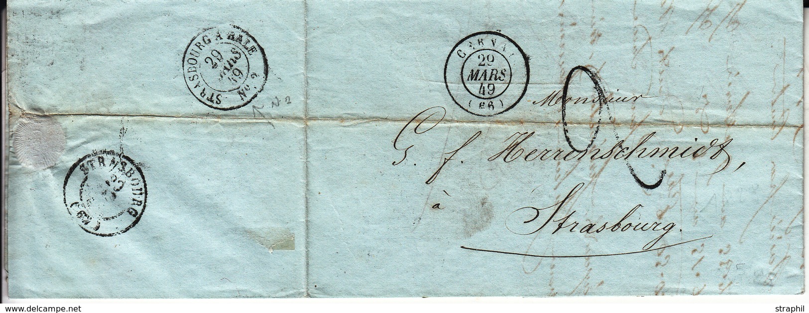 LAC T15 Cernay - 1849 - à Strasbourg - Taxe 2 Tampon - Verso Strasbourg à Bâle N°1 - TB - Lettres & Documents