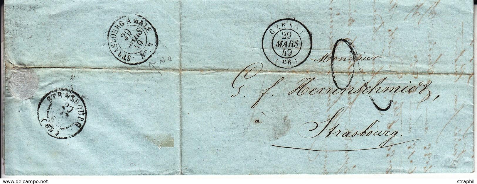 LAC T15 Cernay - 1849 - à Strasbourg - Taxe 2 Tampon - Verso Strasbourg à Bâle N°1 - TB - Covers & Documents