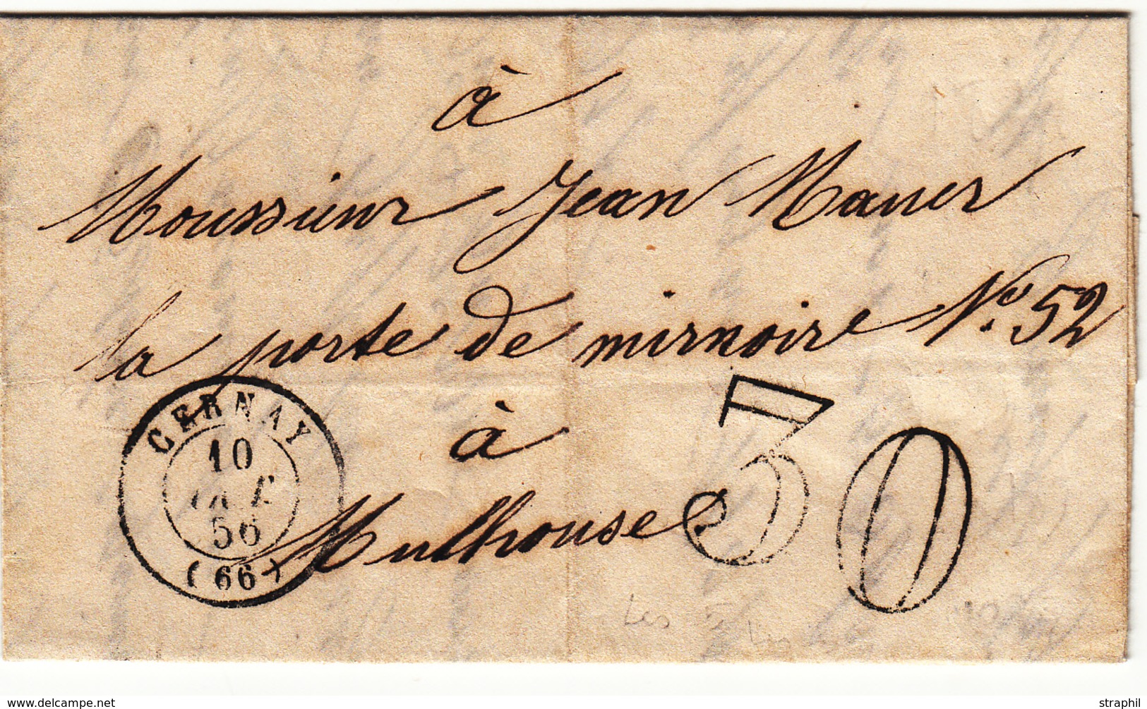 LAC T15 Cernay - 1856 - Pour Mulhouse - Taxe 30Dt - TB - Brieven En Documenten