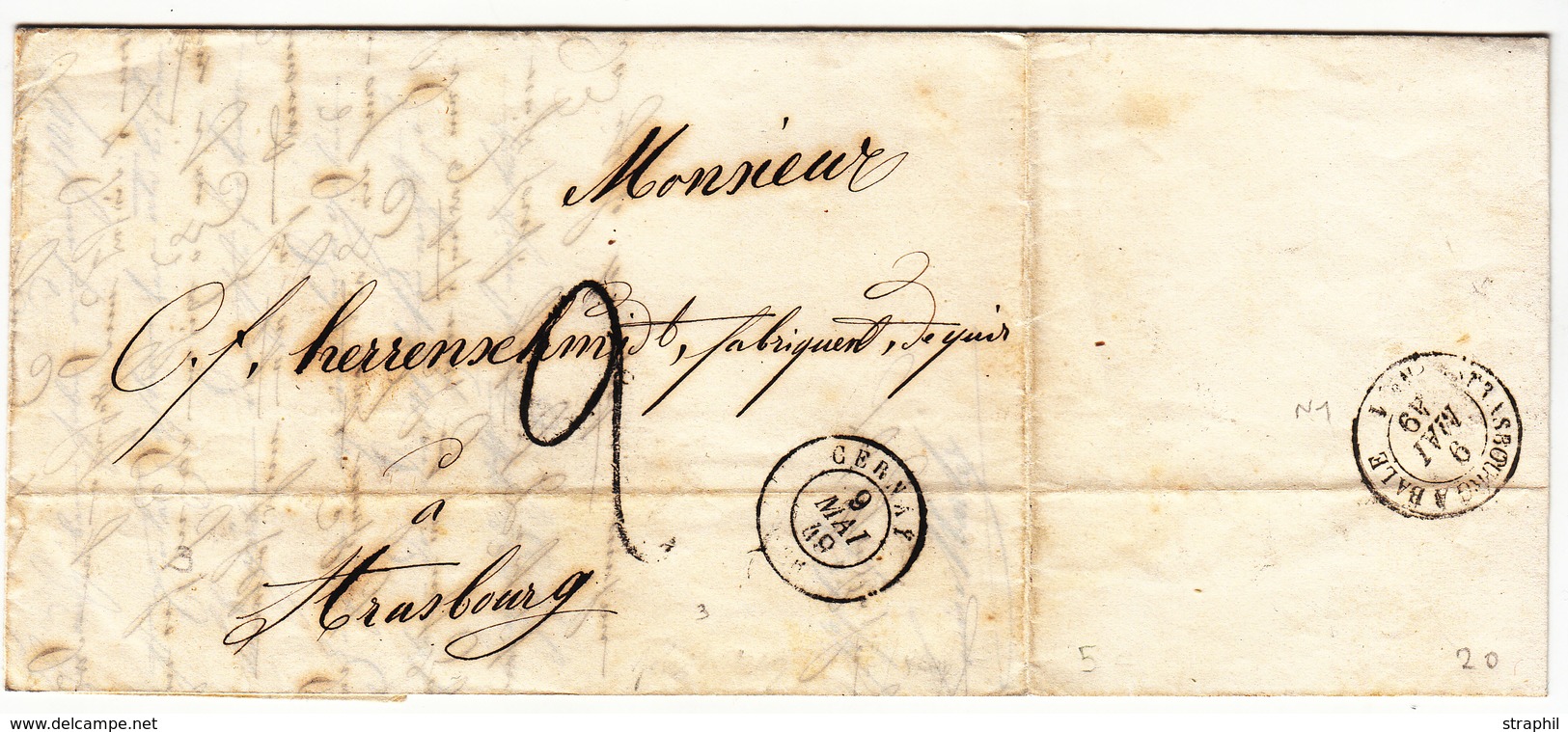 LAC T15 Cernay - 1849 - Pour Strasbourg - Taxe 2 Tampon - Verso Strasbourg à Bâle N°1 - TB - Lettres & Documents