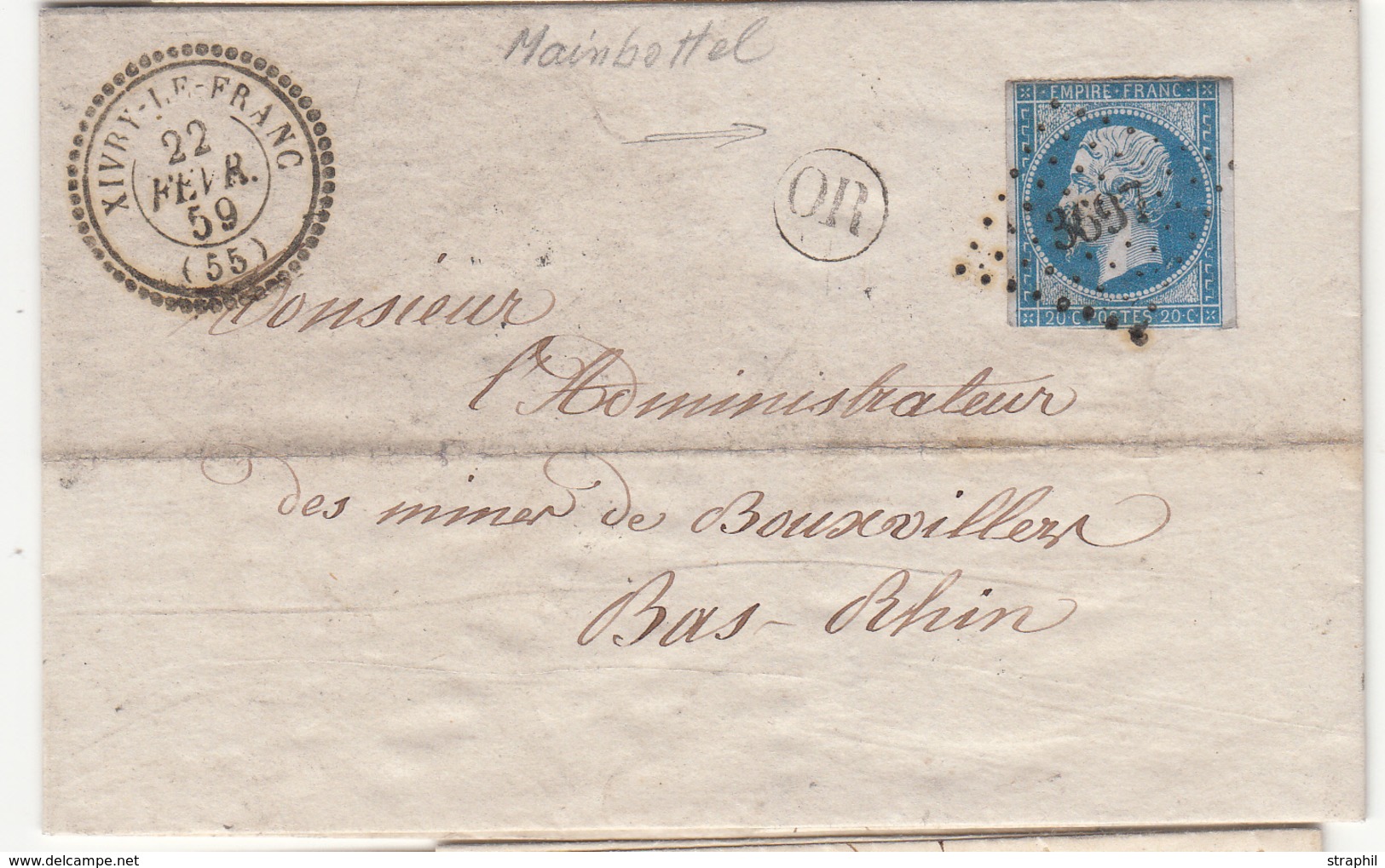 LAC N°14A - Obl. PC 3697 - T22 Xivry Le Franc - 22/Fev/59 + OR (Mainbottel) - Pr Bouxwiller - B/TB - Briefe U. Dokumente