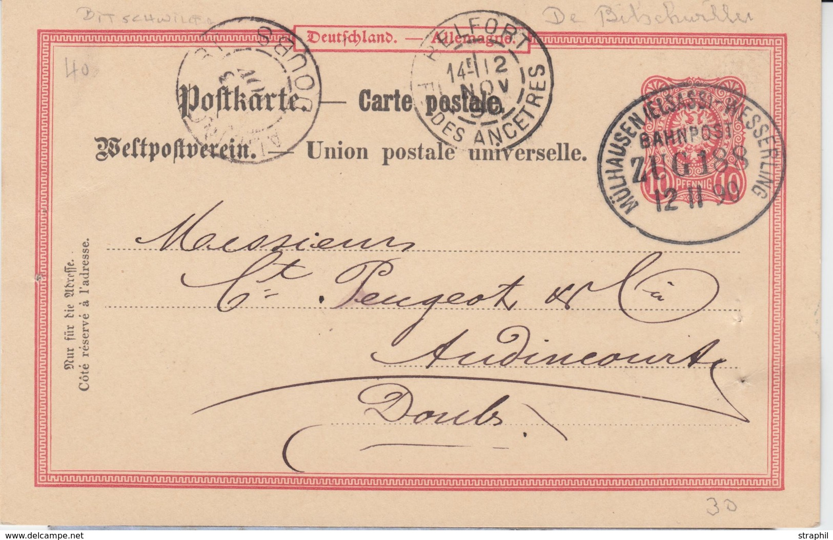 EP 10pfg - Mülhausen (Elsass) - Wesserling Bahnpost Zug 188 - 12/11/90 - TB - Lettres & Documents