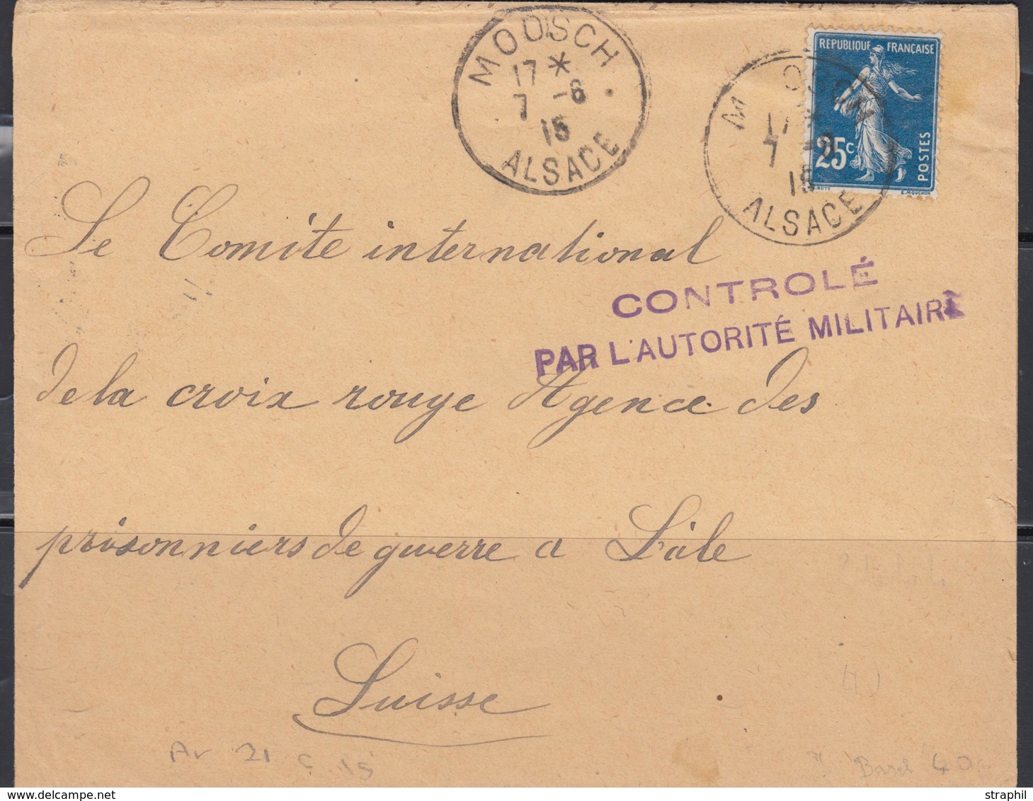 L N°140 - Obl. Moosch - 7/6/15 - Pr Bâle - Arrivée 21/6/15 - Cachet Censure - TB - Lettres & Documents