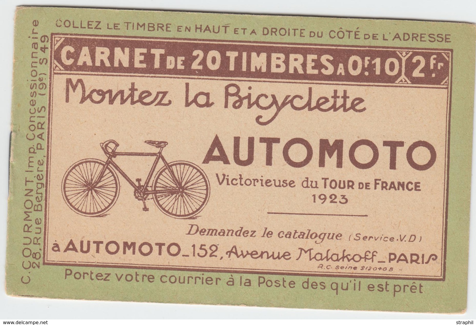 ** CARNETS N°170 - Carnetde 20 T. - Pub "Bicyclette AUTOMOTO" - B/TB - Vide