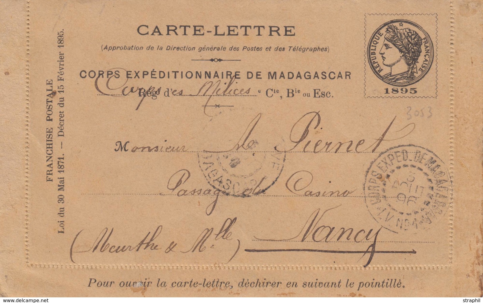 EP Pli Du Corps Expéd° De MADAGASCAR - S/carte Lettre Du 3 Août 1896 - Pr NANCY - De TAMATAVE - TB - Autres & Non Classés