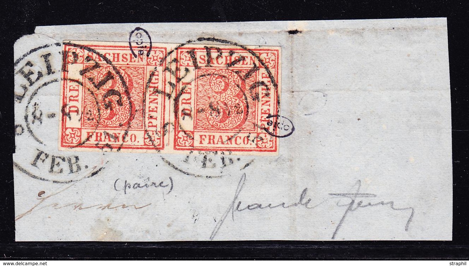 F N°1 - 3p Rouge - Paire - Obl. Leipzig - FAUX SPERATI - Saxony