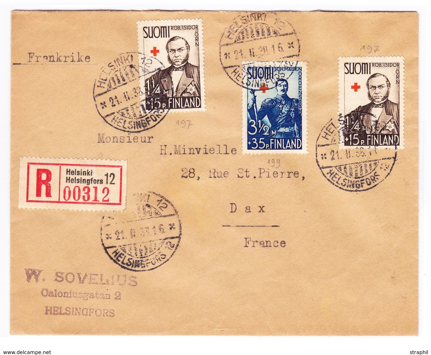 L N°197 (x2), 199 (Croix-Rouge) - S/pli Rec - Obl. Helsinki - 21/11/38 - Pr DAX - TB - Unused Stamps