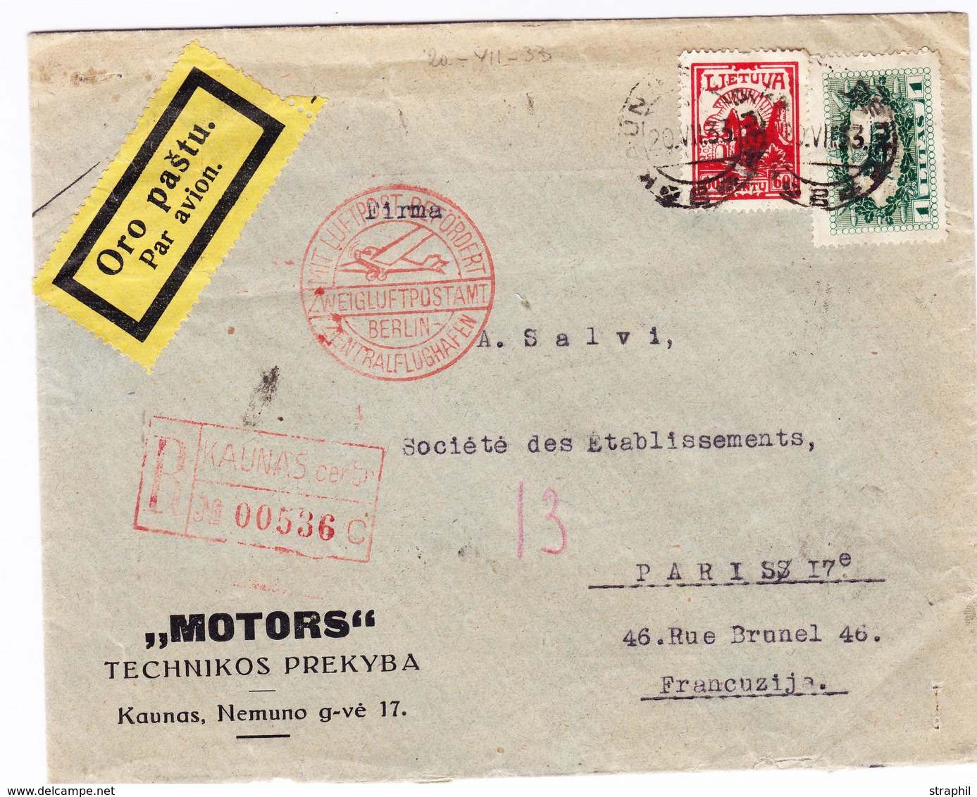 L Pli De KAUNAS - En Rec - 20/7/33 - S/env. Rec Commerciale - Via Berlin - Pr Paris - TB - Litauen