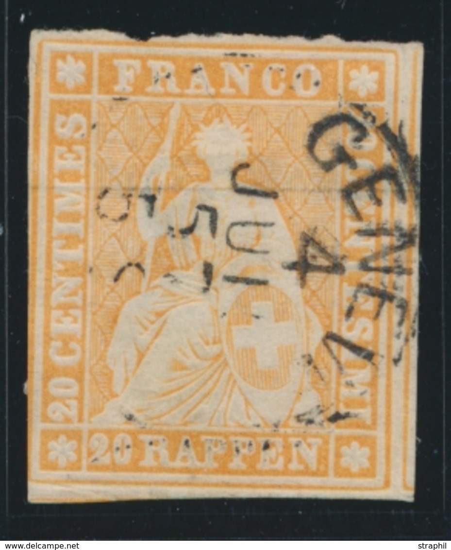 O N°25B - 20r Jaune Orange - Obl. GENEVE - 4 JUIL 57 - Certif. Photo Herrmann - Cote 260FS - TB - 1843-1852 Federal & Cantonal Stamps